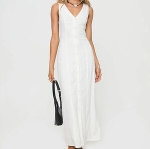NWT Princess Polly White V-Neck Button-Front Maxi Dress Linen Blend SIZE 4